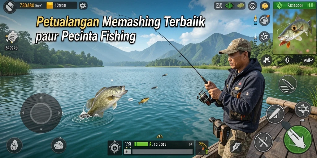 Screenshot gameplay 73K dengan aksi memancing yang seru.
