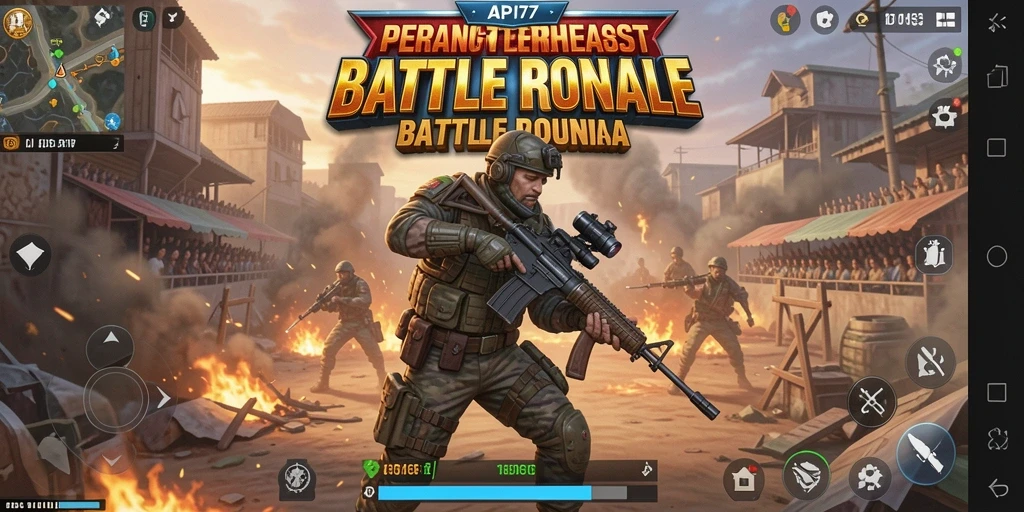 Screenshot gameplay API77 dengan aksi tempur seru dalam Battle Royale.