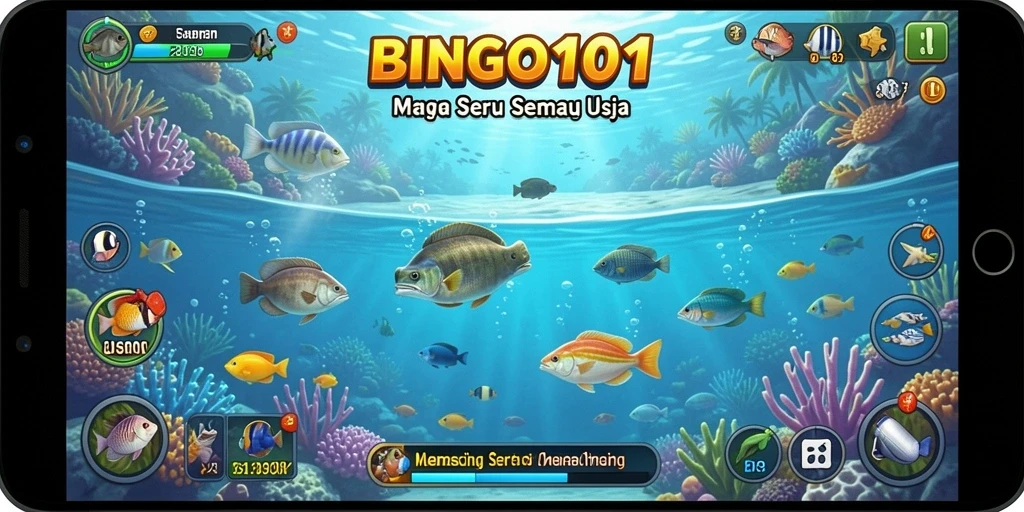 Screenshot gameplay BINGO101 menampilkan suasana memancing yang mendebarkan.