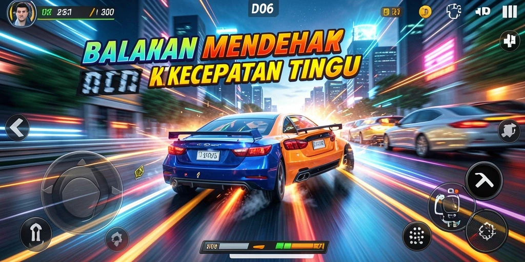 Gameplay D06 menampilkan mobil balap cepat di trek yang menantang.
