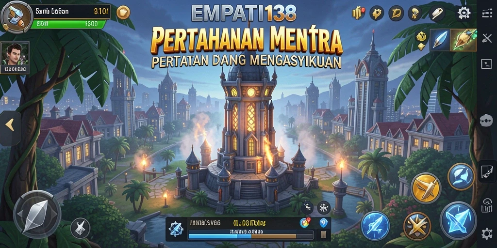 Screenshot gameplay EMPATI138 menampilkan pertempuran Tower Defense yang seru.