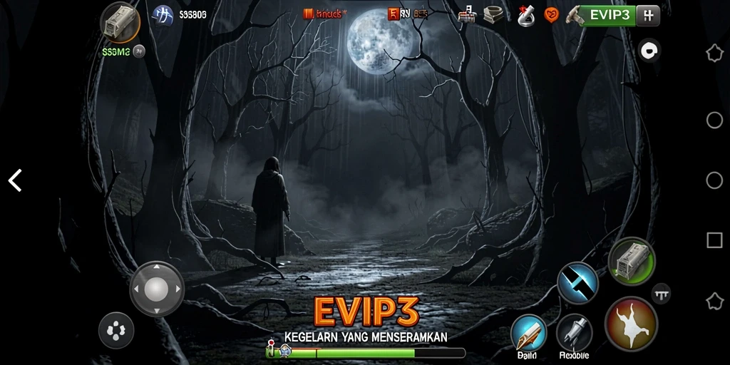 Screenshot menampilkan pemain berhadapan dengan makhluk menyeramkan dalam kegelapan.