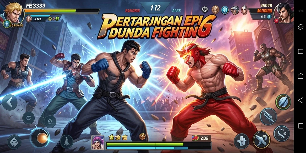 Screenshot utama FB333 menampilkan aksi pertarungan epik dan karakter yang kuat.