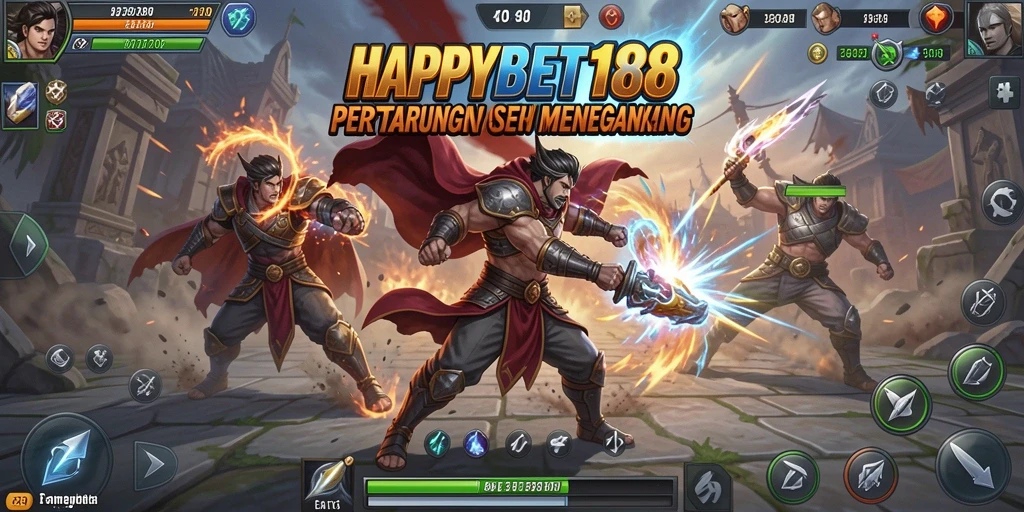 Screenshot utama <strong>HAPPYBET188</strong> menampilkan aksi pertarungan karakter yang epik.