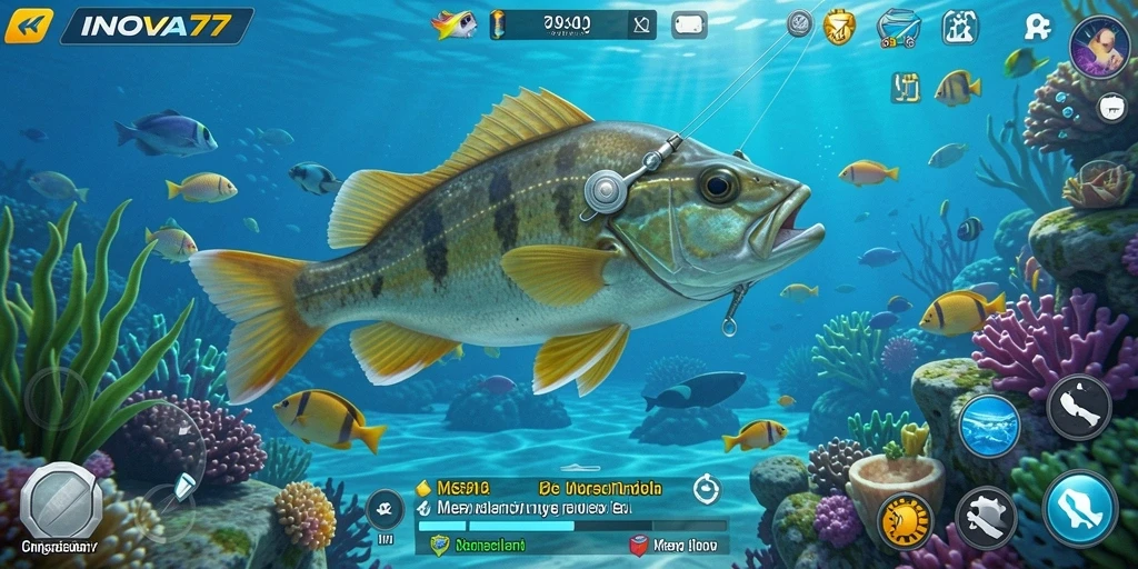 Screenshot gameplay INOVA77 menampilkan aksi memancing yang seru dan lokasi yang indah.