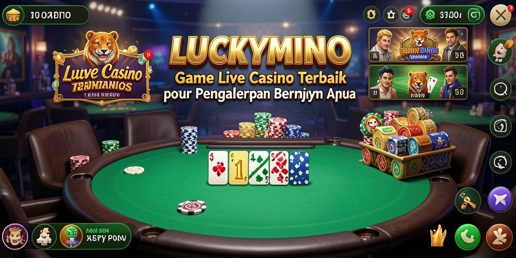 Tampilan gameplay LUCKYMINO dengan dealer langsung dan suasana kasino yang hidup.