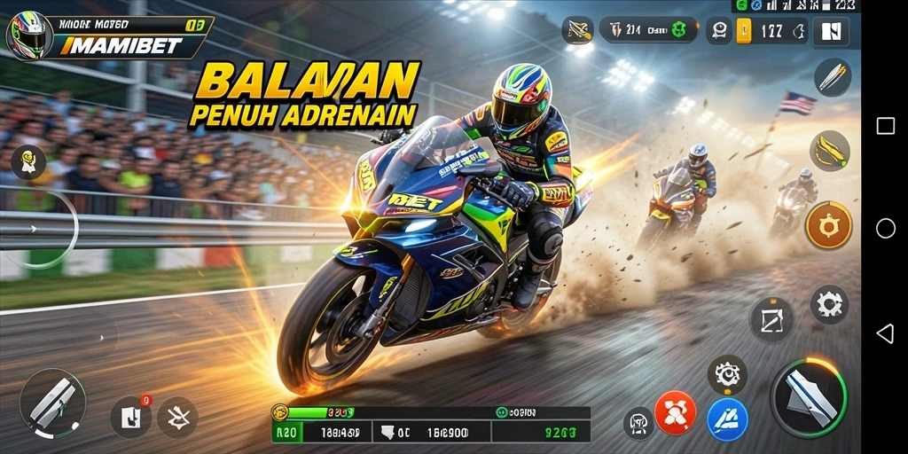 Tampilan utama gameplay MAMIBET, menampilkan balapan motor yang seru.