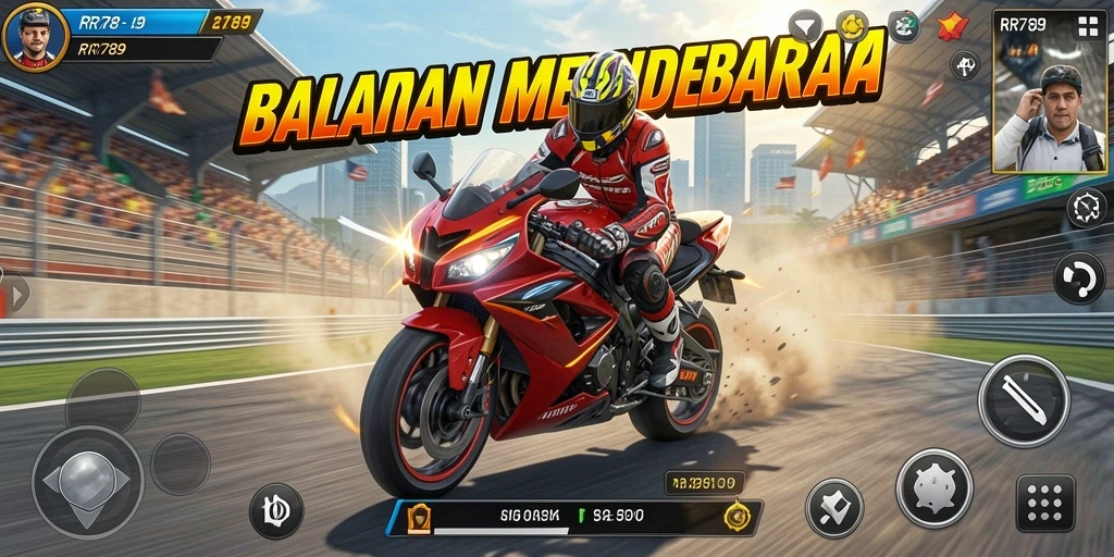 Screenshot gameplay RR789 menunjukkan balapan motor seru dan grafis menakjubkan.